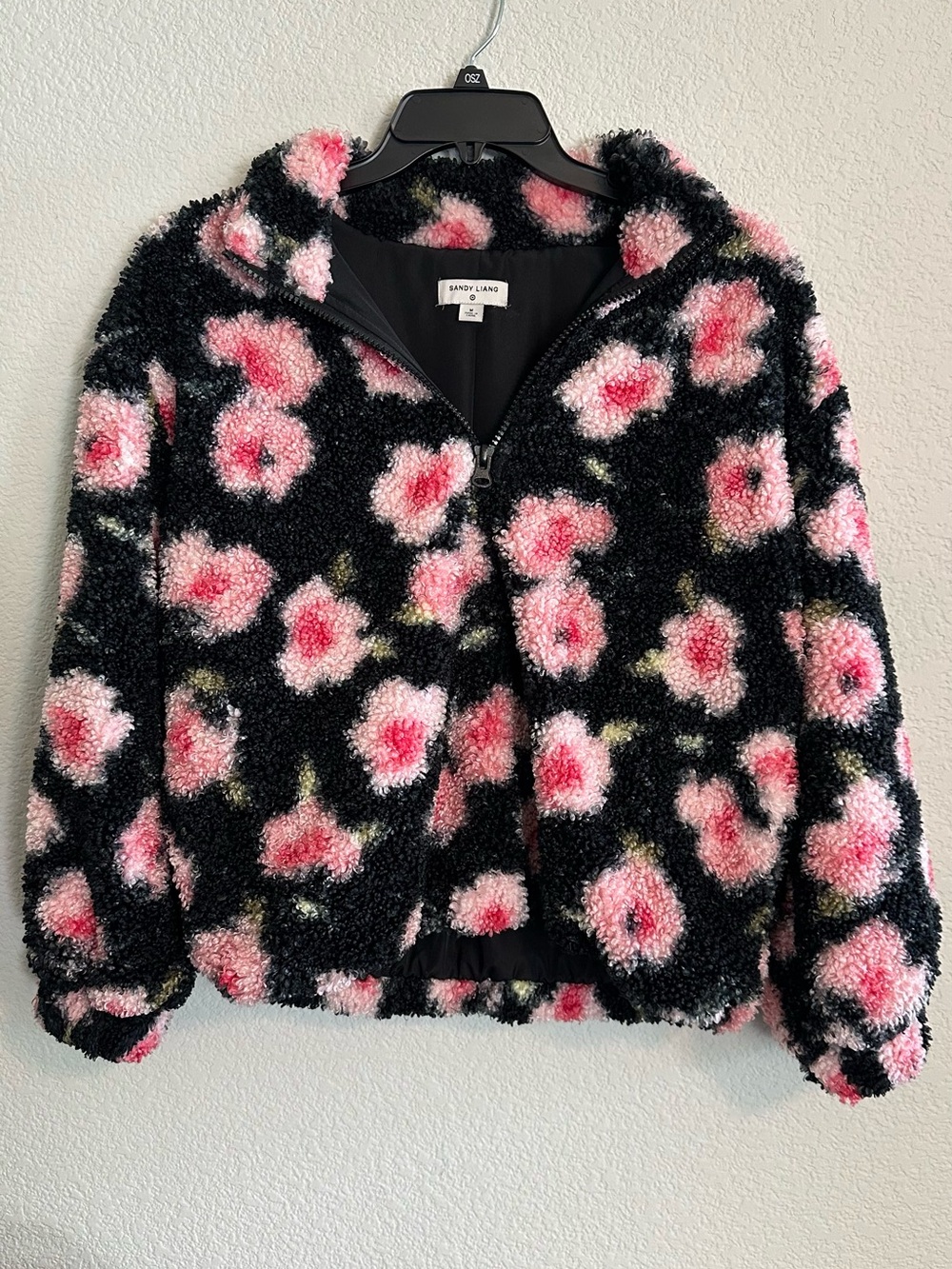 Sandy Liang Black Sherpa Zip Pullover with Pink Floral Print